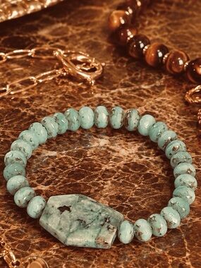 Hand Crafted Picasso Czech Glass and African Turquoise Bracelet 7.25”